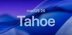 macOS 26 Tahoeのロゴが、青と紫のグラデーション背景に大きく表示されたイメージ