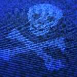 A stylized skull and crossbones made out of ones and zeroes.