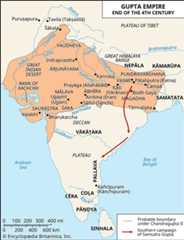 Map showing the extent of the Gupta empire at the end of the 4th century.