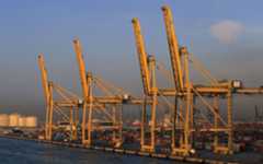 shipping docks and shore-based cranes