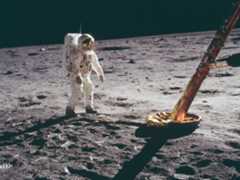 Edwin E. Aldrin (Buzz Aldrin) stands on the moon, Apollo 11
