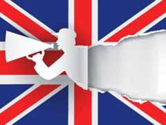 English language school promotion illustration. Silhouette of a man advertises or sells shouts in a megaphone and emerging from the flag of the United Kingdom (Union Jack).