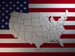 Extruded map of the United States of America with states borders on national flag background. (3-d rendering)