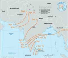 Average withdrawal date of the summer monsoon across South Asia.