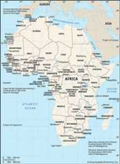 A map of the continent of Africa, including its countries, boundaries, and capital cities. It also shows parts of Europe and Asia and surrounding bodies of water, including the Atlantic Ocean, Mediterranean Sea, Red Sea, and Indian Ocean.