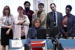 Damned. Image shows from L to R: Natalie Moore (Isy Suttie), Rose Denby (Jo Brand), Nitin (Himesh Patel), Al Kavanagh (Alan Davies), Denise Donnelly (Georgie Glen), Martin Bickerstaff (Kevin Eldon). Copyright: What Larks Productions
