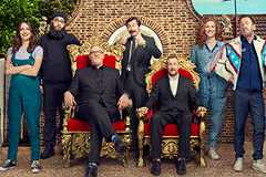 Taskmaster. Image shows from L to R: Charlotte Ritchie, Jamali Maddix, Greg Davies, Mike Wozniak, Alex Horne, Sarah Kendall, Lee Mack. Copyright: Avalon Television