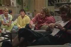 Men Behaving Badly. Image shows left to right: Deborah (Leslie Ash), Dorothy (Caroline Quentin), Gary Strang (Martin Clunes), Tony Smart (Neil Morrissey)