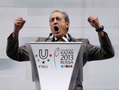 President of the International University Sports Federation, Claude-Louis Gallien, speaks during the opening ceremony of the 27th Universiade students Games in Kazan. ©Roman Kruchinn/AFP via Getty Images