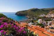 View bay beach mountain ocean coast flowers, Playa de Santiago, La Gomera, Canary Islands