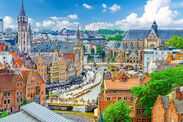 Ghent cityscape, aerial panoramic view of Ghent historic city centre with old traditional buildings on Lys Leie river embankment Graslei Grass Quay, p