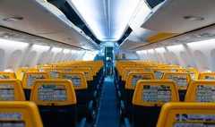 Deserted aircraft cabin. Rows of seats without passengers Lviv, Ukraine - 05.15.2019.