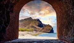 Landscape with La Aldea de San Nicolas beach and mountains at sunset time, Gran Canaria, Spain