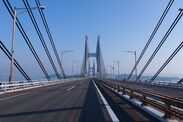 On a sunny day in May 2022, two consecutive cable-stayed bridges, Hitsuishijima Bridge and Iwakuroshima Bridge, at Seto Ohashi B