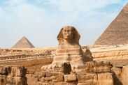 The Great Sphinx and Pyramids of Giza under a Blue Sky,Cairo,Egypt