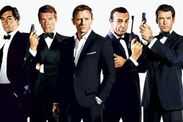 Timothy Dalton, Roger Moore, Daniel Craig, Sean Connery, Pierce Brosnan, George Lazenby lined up and in character  as James bond