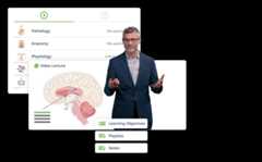 Faculty member presenting human brain physiology with digital interface.