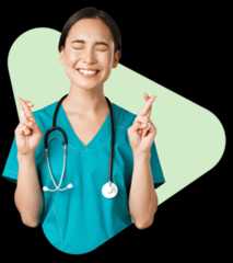 Female medical student crossing fingers for good luck.