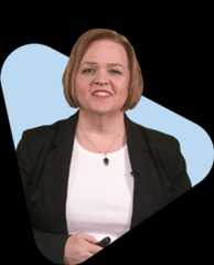 Rhonda lawes speaking with a remote in front of a blue shape.