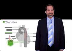 Educator in suit with heart diagram for medical lecture.