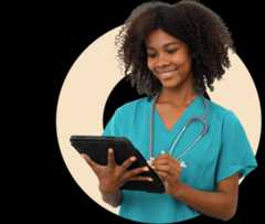 Smiling nurse in teal scrubs holds a tablet, wearing a stethoscope.