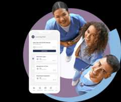 Three smiling healthcare professionals with stethoscopes use a nursing review app.
