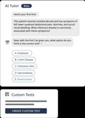 Medical quiz interface with ai tutor, showing patient symptoms and diagnosis options.