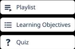 Menu with playlist, learning objectives, and quiz options.