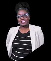 Jasmine clark with dark skin, glasses, and striped top.