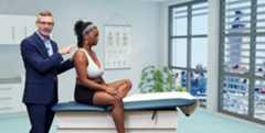 Healthcare professional examining a woman's shoulder in a lecture hall.