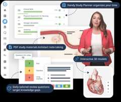 Woman in red blazer explaining nursing course features.