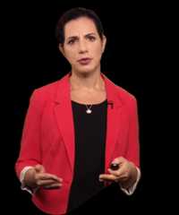 Sharon bord triangle foreground min Woman in red blazer, focused expression, holding object.