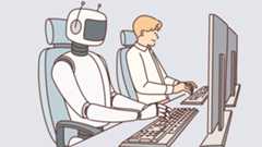 Robot and man sitting at computers and working