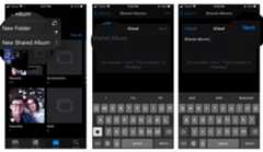 How to create a new Shared album by showing steps: Select New Shared Album, enter the name, tap on Next. Type the name of the people you want to share the album with. Tap on Create