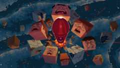They key art for Kill the Brickman, showing a screaming red bullet blasting through a horde of brickmen and stone as they gasp