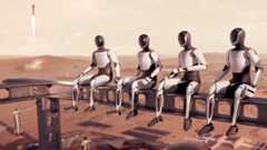 Artist's illustration of Tesla's Optimus robots helping to build a Mars settlement.