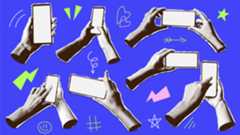 Collage of hands holding smartphones