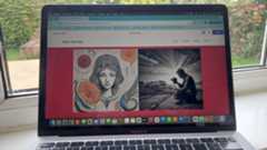 Person website on laptop in front of window onto garden