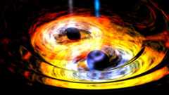An artist's concept of two black holes circling each other before merging. For the first time in history, scientists have directly observed a black hole merger, using the Laser Interferometer Gravitational Wave Observatory (LIGO). 