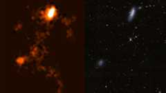 Two different photos side by side with the left one being a series of red and orange lights showing a galaxy moving and the one on the right being streaks of blue light among the stars