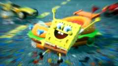 SpongeBog SquarePants jumps for joy in front of his burger car in Sonic Racing: CrossWorlds