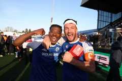 MACCLESFIELD, ENGLAND - JANUARY 10: Goal scorers Isaac Buckley-Ricketts and Paul Dawson of Macclesfield celebrate after the team's victory following the Emirates FA Cup Third Round match between Macclesfield and Crystal Palace at Moss Rose Ground on January 10, 2026 in Macclesfield, England. (Photo by Michael Regan/Getty Images)