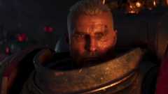 A screenshot of a marine without an helmet in the Total War: Warhammer 40K trailer 