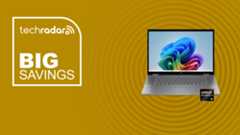 THe HP OmniBook X Flip on a yellow background with text saying Big Savings.