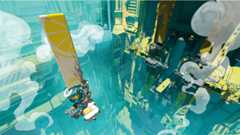 Concept art showing a flying lemonade stand in a dystopian cityscape with blue and yellow colour palette