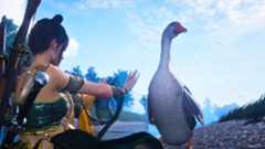 A screenshot of a Where Winds Meet YouTube video from user Rise. A woman holds her hands out toward a giant goose with a bright blue sky in the background.