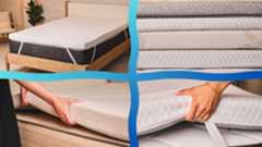A four-image collage of different mattress toppers, each picture separated by a wavy blue-gradient line.