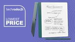 The Jade Metallic Amazon Kindle Scribe (2024) in front of a purple background featuring the words &#039;lowest price&#039;.