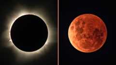 two panel image on the left is a total sola eclipse whereby a black orb is surrounded by a halo of white light, in the right image is a close up view of a blood red moon during a total lunar eclipse.