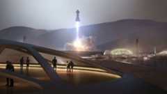 Artist's illustration of a human settlement on Mars, with SpaceX Starships in the background.